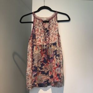 Joie semi sheer 100% silk floral halter w/ tassels